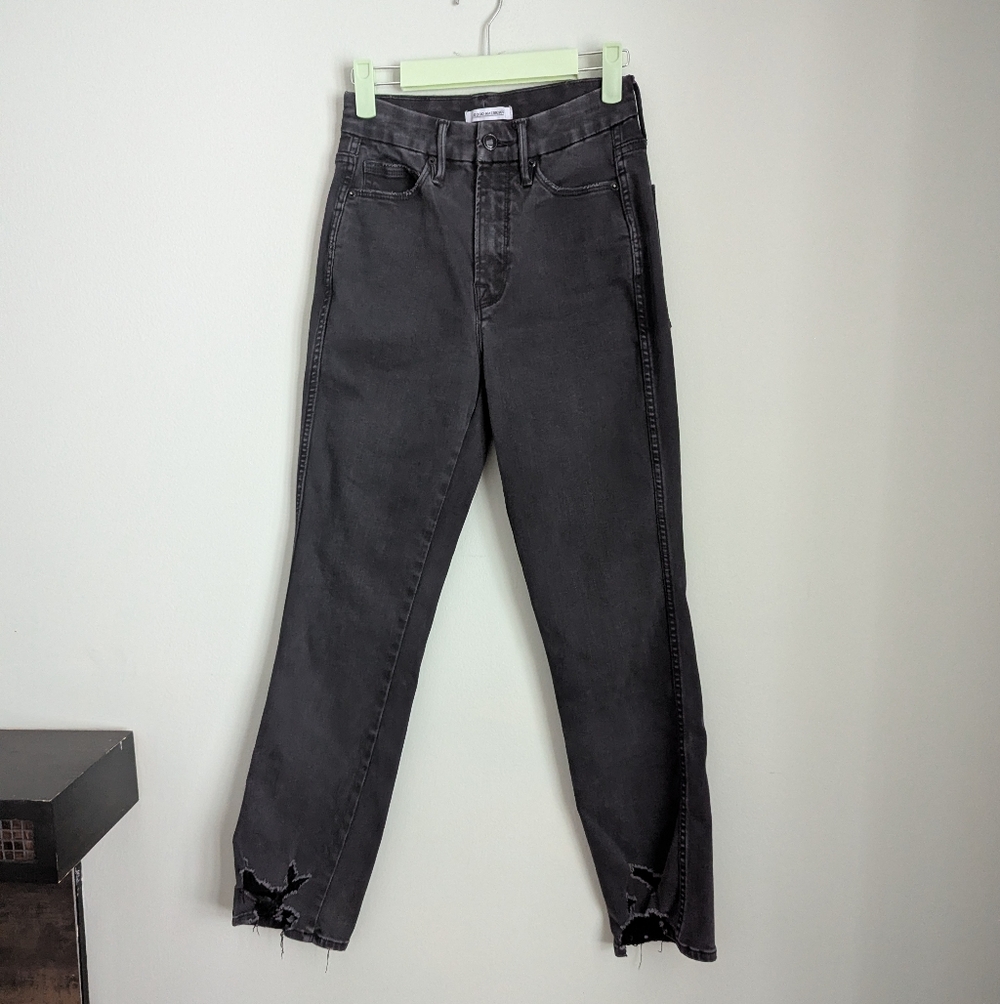 Good American Wms 2/26 Good Straight Leg Distressed Jeans Washed Black Denim 198